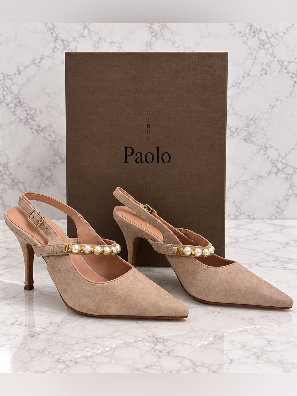 Linea Paolo Taupe Suede Slingback Heels with Pearl Strap